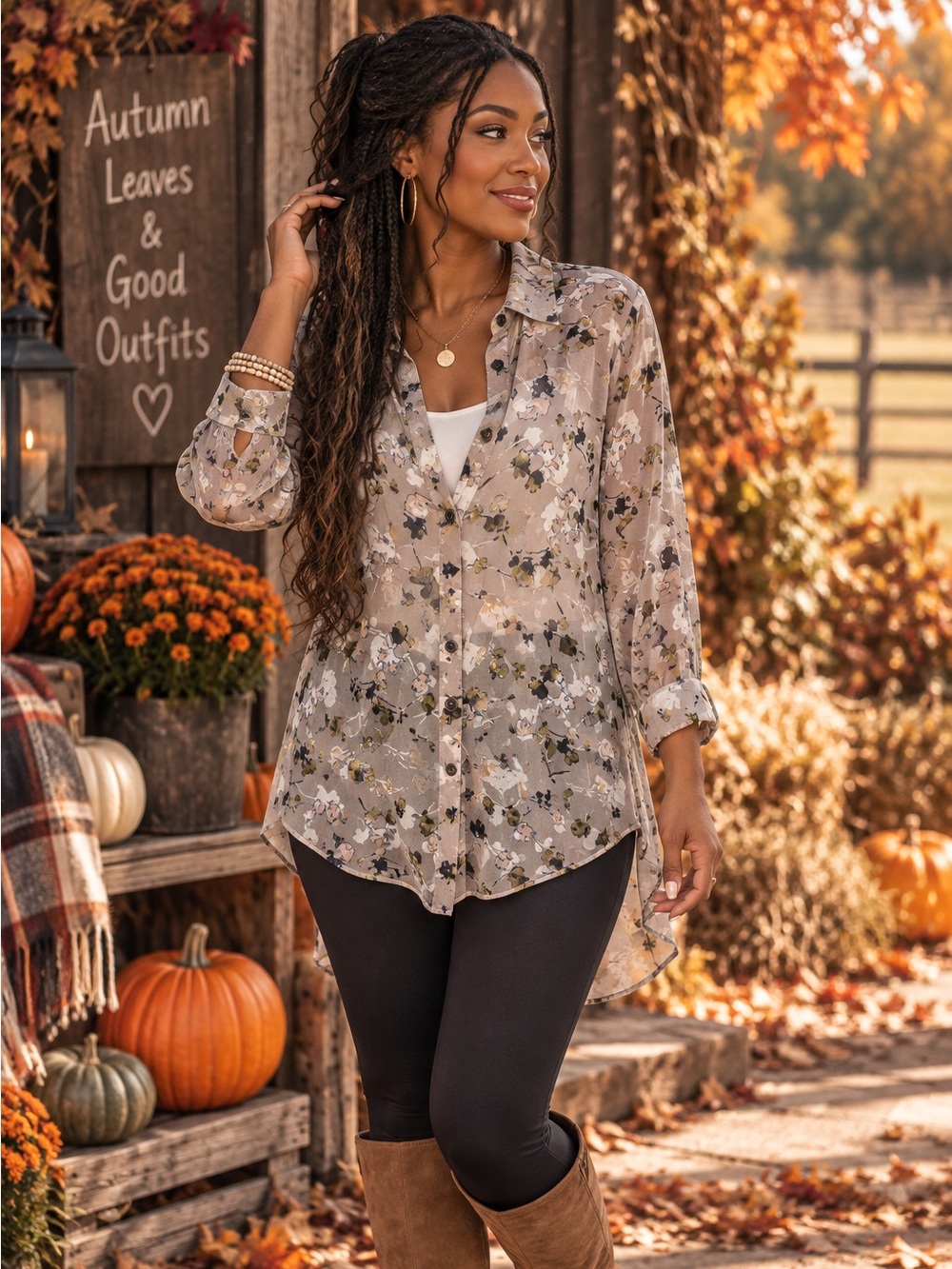 Cabi Sheer Floral Button Front Tunic Blouse Size L Gray Green Boho